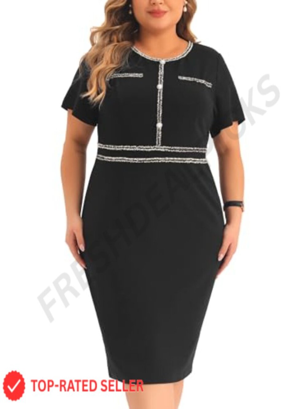 Plus Size Button Crew Neck Tweed Trim Bodycon Pencil Dress Knee Length